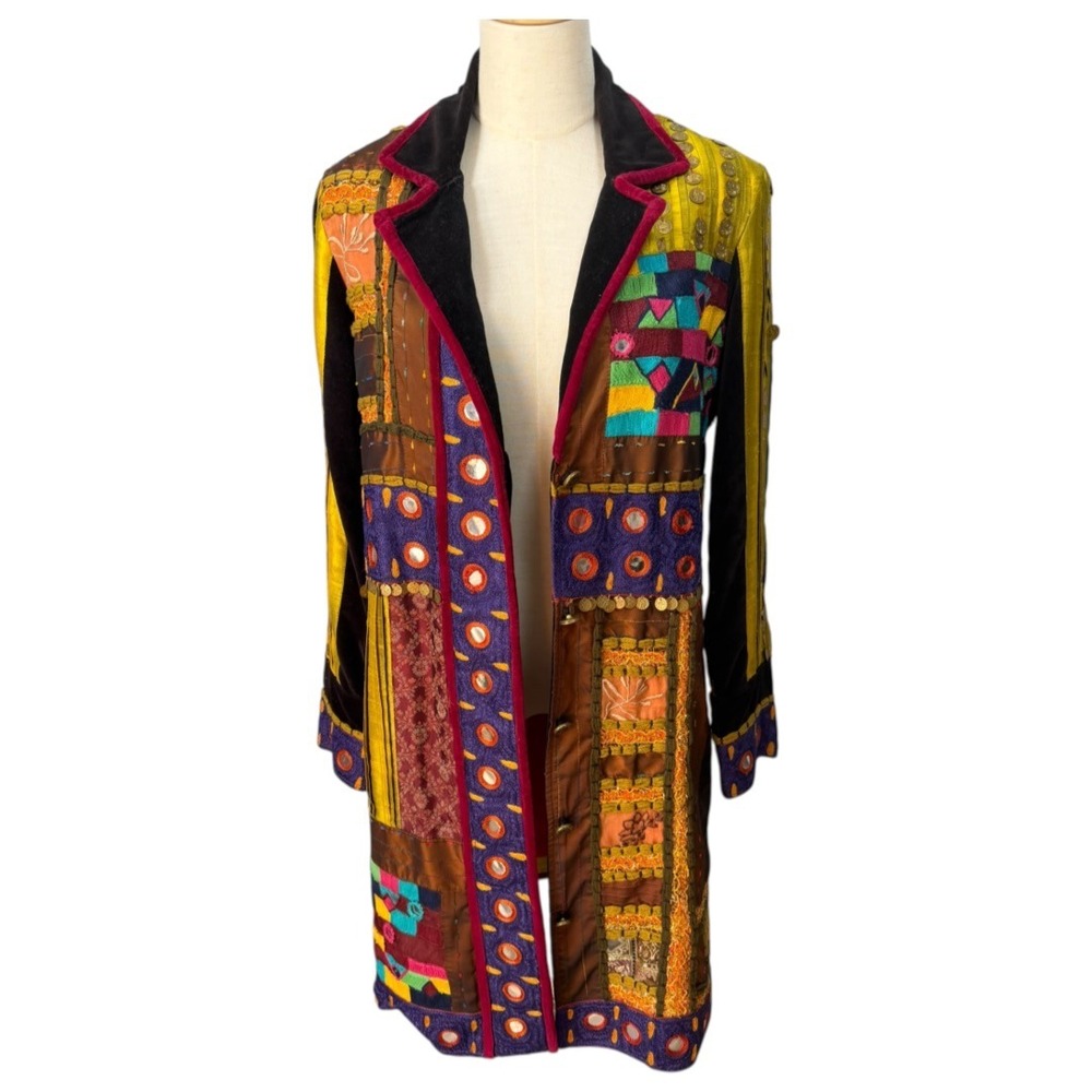 Vitg Sandy Starkman Patchwork Silk Blend Duster Jacket Sz S Statement Maximalist
